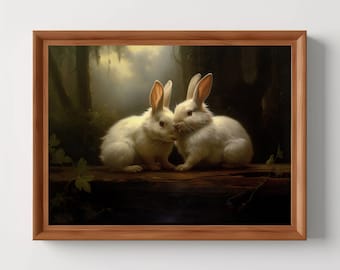 May include: Two white rabbits with pink noses are sitting on a log in a dark woodland. The rabbits are facing each other and appear to be nuzzling. The background is a dark woodland with a light shining through the trees.