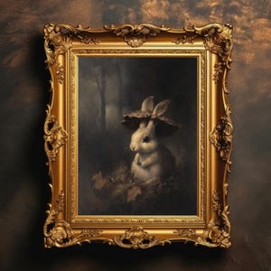Mushroom Hat Bunny | Dark Cottagecore Animal Print, Whimsical Woodland Art, Moody Rabbit Painting, Fairycore Decor, Digital Download