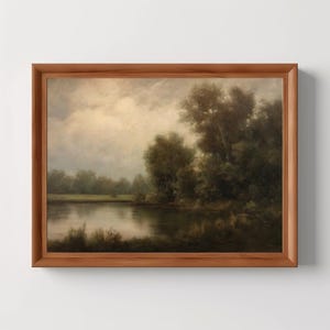 Gelassene Wasserlandschaft | Vintage schwermütige Landschaft Druck, rustikale grüne Natur Ölgemälde, schwermütige Wandkunst, digitaler Download, DRUCKBAR