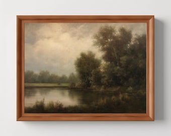 Serene Waterscape | Vintage Moody Landscape Print, Rustic Green Nature Oil Painting, Moody Wall Art, Digital Download, PRINTABLE