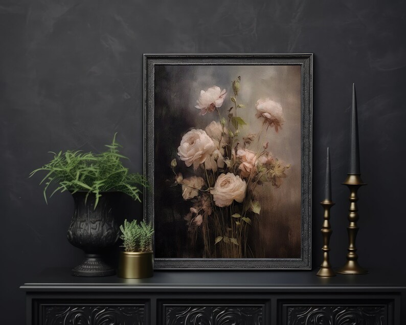 White Pink Roses | Moody Art Print, Floral Wall Art, Dark Academia ...