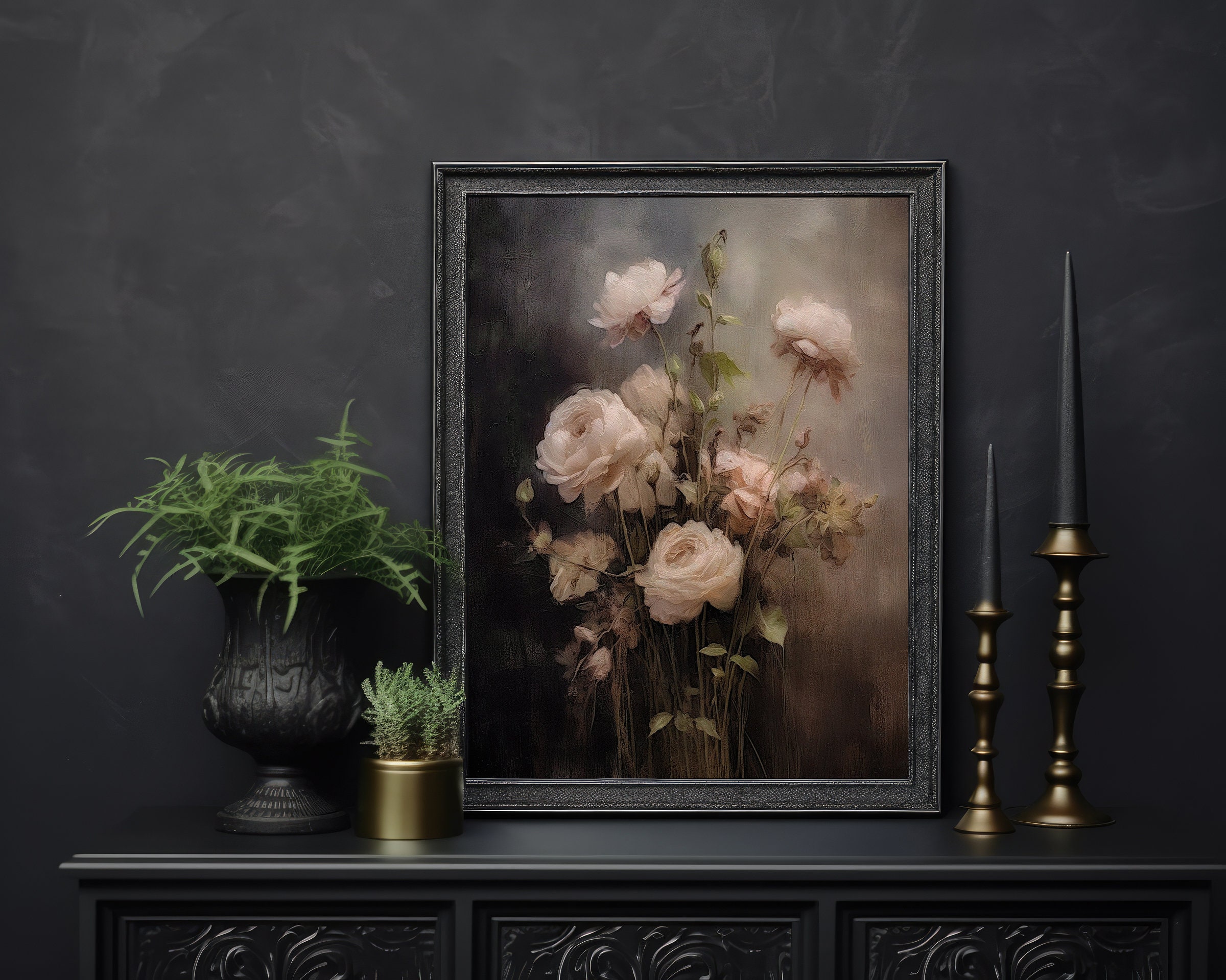 White Pink Roses | Moody Art Print, Floral Wall Art, Dark Academia ...