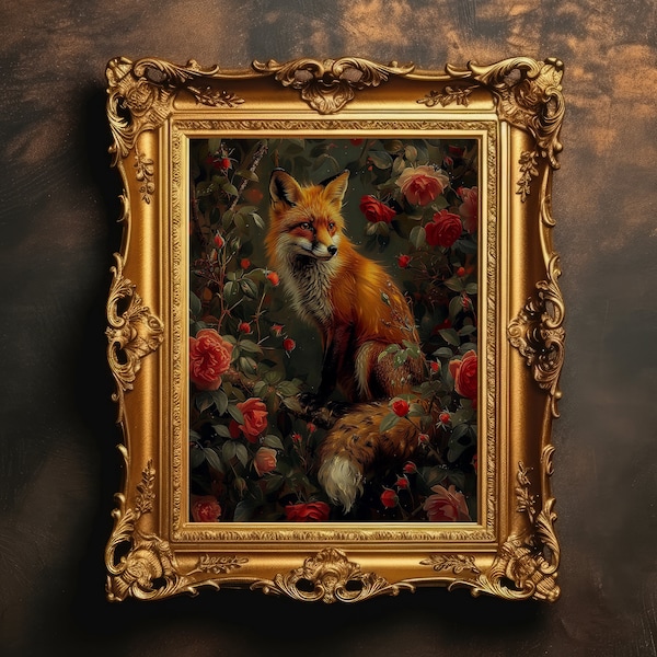 Fox Roses | Dark Academia, Dark Cottagecore, Botanical Print, Forest Room Decor, Animal Wall Art, Digital Download, Printable