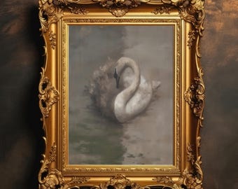 Duality Swan on Water | Dark Cottagecore, Vintage Nature Animal Art, Dark Academia Lake Scene, Digital Download, PRINTABLE