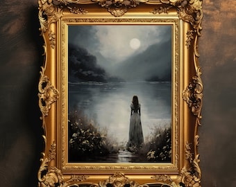 Staring Across The Water | Dark Academia Print, Moody Victorian Wall Art, Dark Decor Aesthetic, Antique Oil Painting, Digital Download