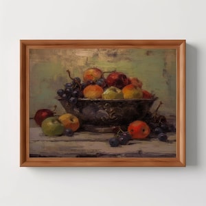 Obstschale | Vintage Küche Stillleben Druck, Stimmungsvolle Obst Wandkunst, Dark Academia, bedruckbar, antikes Ölgemälde, digitaler Download