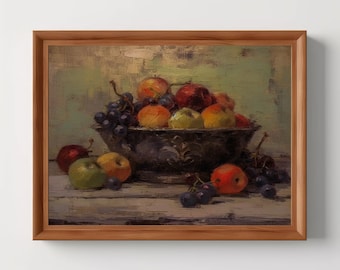 May include: A still life painting of a bowl filled with red, green, and yellow apples and purple grapes. The bowl is sitting on a wooden table with a light green background.