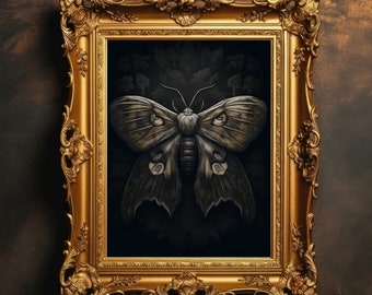 Botanical Moth | Dark Cottagecore Wall Art, Moody Floral Printable, Goblincore Decor, Fairycore Print, Dark Academia Digital Download