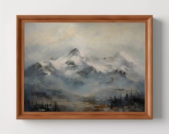 Snow Mountain | Rustic Winter Landscape, Dark Academia, Vintage Aesthetic, Antique Oil Painting, Cabin Art Print, Digital Download
