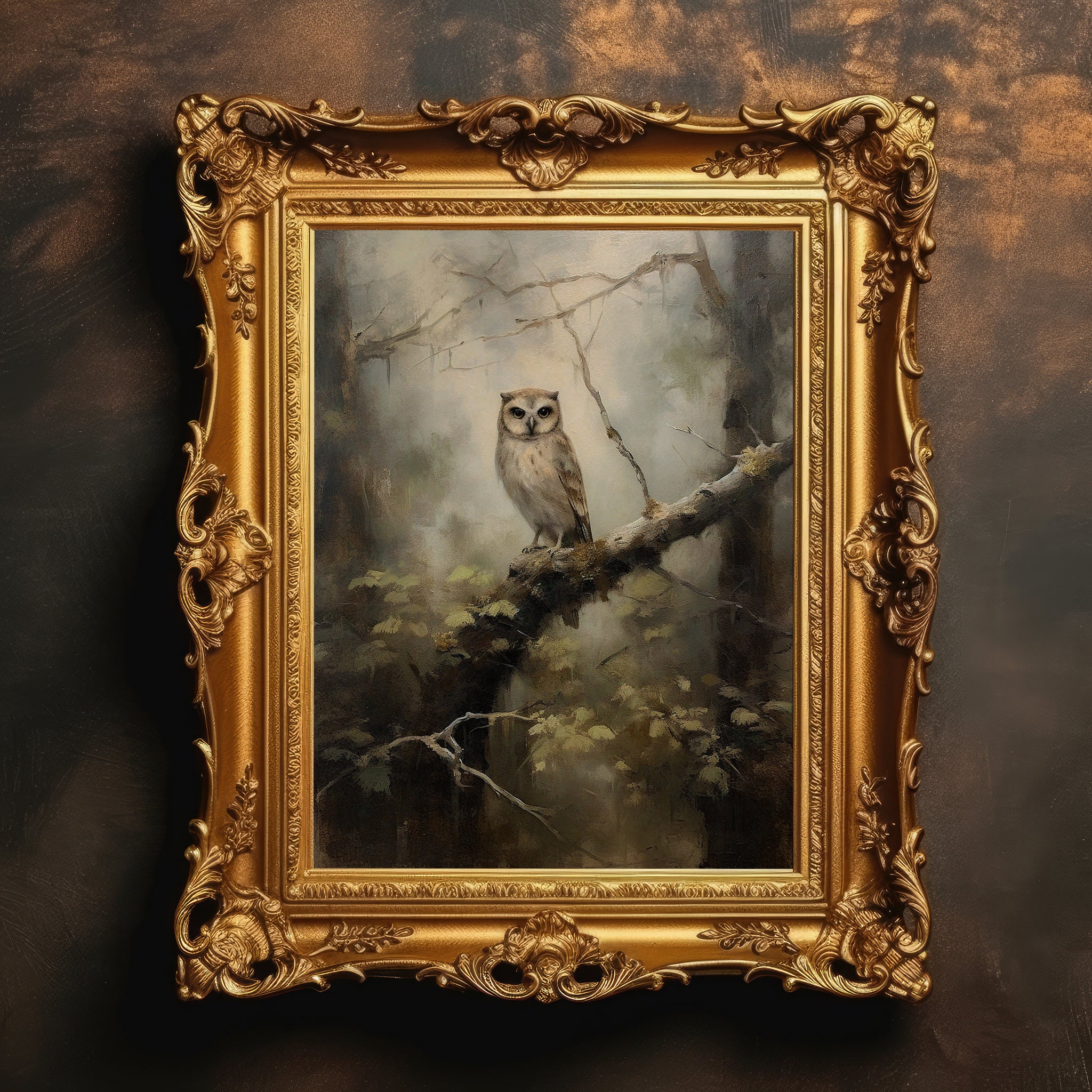 Young Owl Perched | Forest Cottagecore Decor, Dark Academia, Antique Moody Wall Art, Vintage Oil Pai