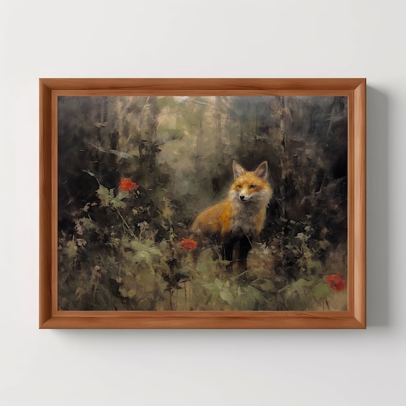 Fox in Forest | Dark Academia, Nature Aesthetic, Animal Wall Art, Dark Cottagecore, Forest Decor, Dark Cottagecore, Digital Download Print
