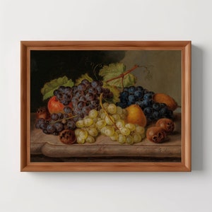 Still Life Grapes Pears | Vintage Kitchen, Moody Fruits Wall Art, Antique Oil Painting, Dark Academia, Digital Download, Printable