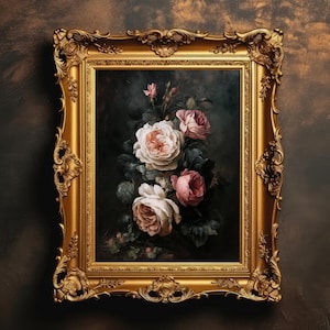 Vintage Rose Bouquet | Dark Cottagecore Floral Wall Art, Moody Botanical Painting, Gothic Flower Decor, Victorian Roses, Digital Download