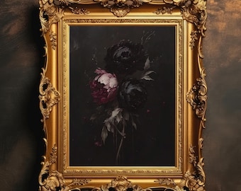 Dark Floral Still Life Painting | Moody Peony Art, Dark Academia, Gothic Botanical Wall Art, Goth Decor, Digital Download, PRINTABLE