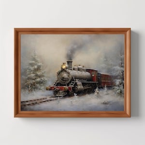 Winter Train | Vintage Oil Painting, Moody Locomotive Art Print, Snow Landscape, Christmas Home Decor, Digital Download, PRINTABLE