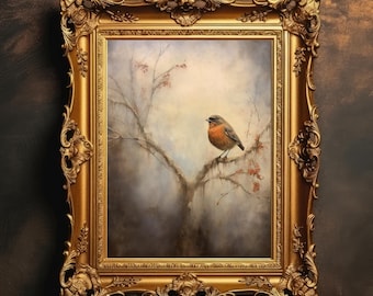 Winter Robin | Vintage Bird Painting, Nursery Wall Art, Rustic Animal Print, Moody Home Decor, Digital Download, PRINTABLE