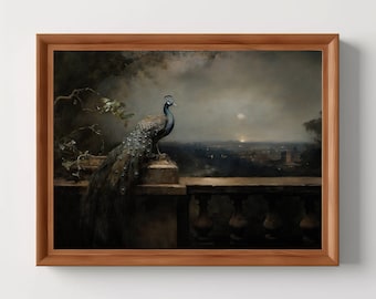 Peacock Moonlight | Dark Academia, Goth Cottagecore Wall Art, Victorian Gothic Aesthetic, Vintage Animal Print, Digital Download, PRINTABLE