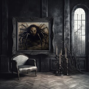 Totenkopf Spinne | Halloween Wandkunst, Vintage Dark Academia, Gothic Wohnkultur, gruselige gruselige Malerei, digitaler Download, DRUCKBAR Bild 3