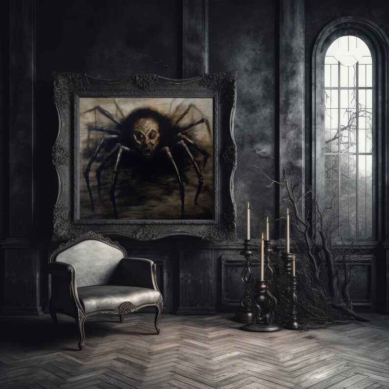 Totenkopf Spinne | Halloween Wandkunst, Vintage Dark Academia, Gothic Wohnkultur, gruselige gruselige Malerei, digitaler Download, DRUCKBAR Bild 3
