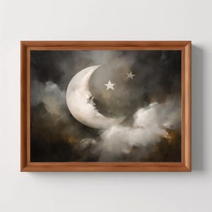 Verträumte Mondsichel Kunstdruck | Stars & Celestial Wandkunst, Gothic Dekor, Vintage Fantasy Himmel, Dark Academia, digitaler Download