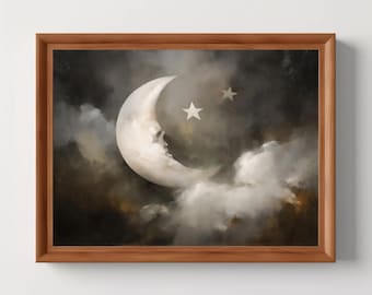 Dreamy Crescent Moon Art Print | Stars & Celestial Wall Art, Whimsical Gothic Decor, Vintage Fantasy Sky, Dark Academia, Digital Download