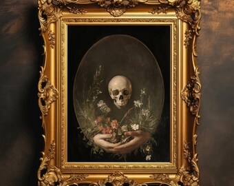 Floral Skull Gothic Still Life | Dark Academia Printable Art, Victorian Botanical Bones Decor, Memento Mori Moody Wall Art, Digital Download