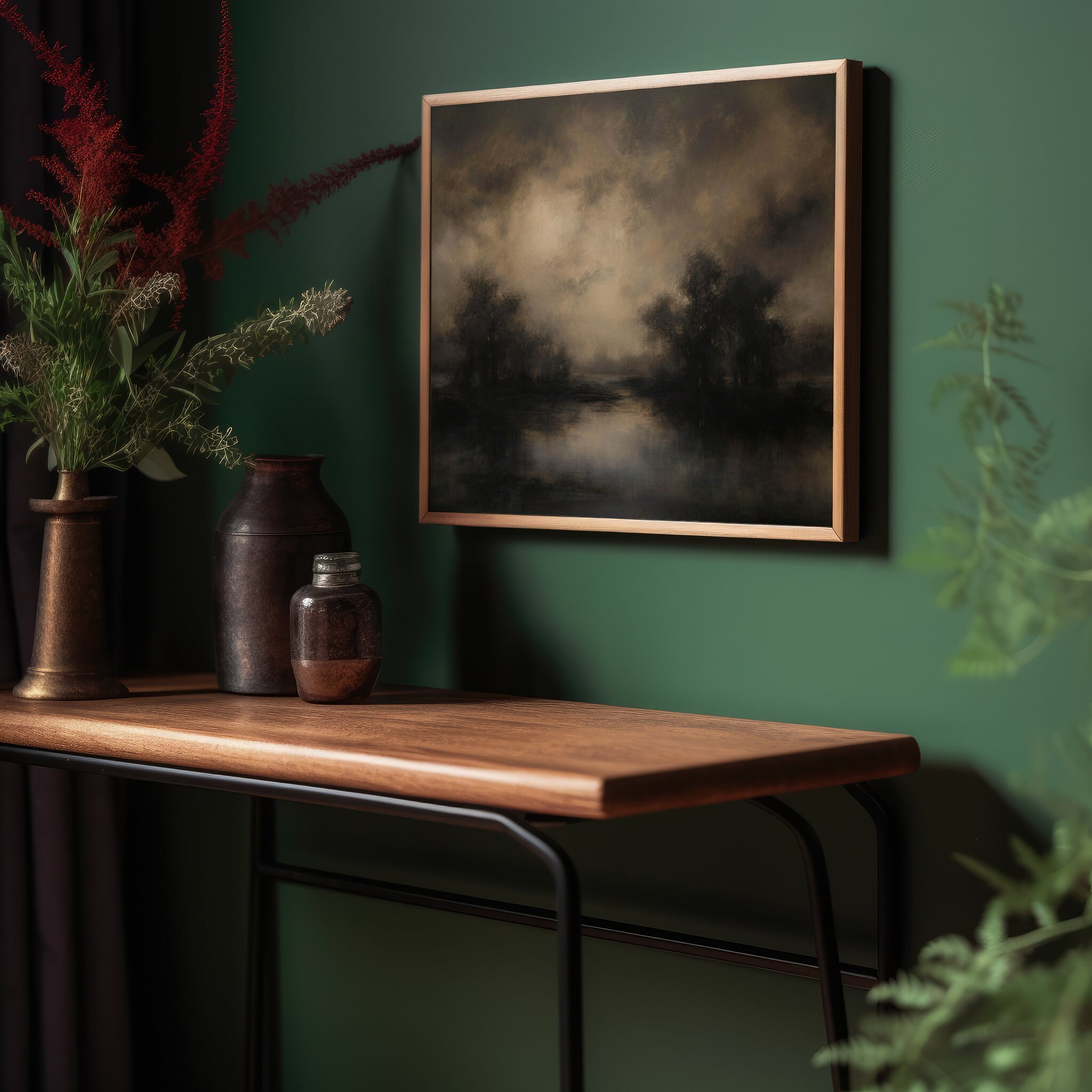 Rustic Moody Landscape | Vintage Trees Painting, Farmhouse Art Print ...