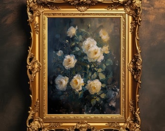 Puede incluir: Una pintura al óleo enmarcada de rosas blancas en un jarrón verde oscuro. Las rosas están dispuestas en un ramo y están rodeadas de hojas verdes. La pintura está sobre un fondo oscuro.