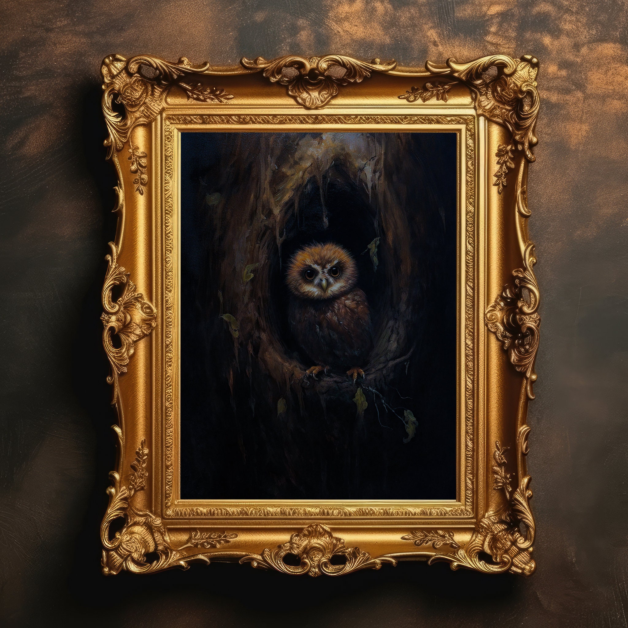 Baby Owl Tree Hollow | Dark Academia, Moody Wall Art, Wildlife Home Decor, Goth Room Decor, Digital