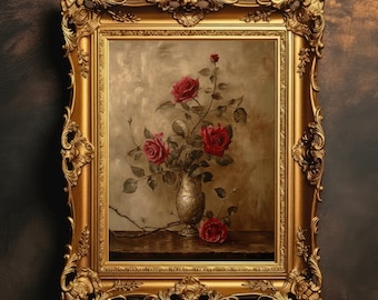 May include: A framed painting of a still life featuring a bouquet of red roses in a silver vase. The roses are arranged in a vase with a decorative design. The painting is set against a neutral background.