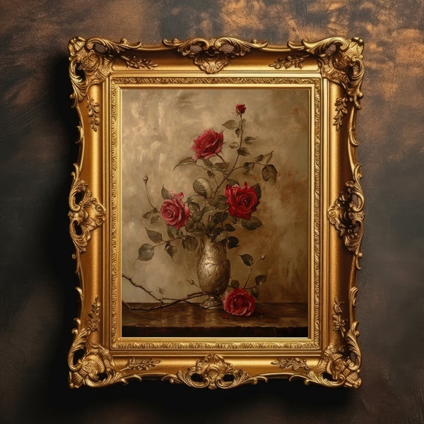 Roses Gold Bouquet | Dark Botanical Print, Victorian Decor, Vintage Aesthetic, Antique Oil Painting, Moody Wall Art, Digital Downlaod