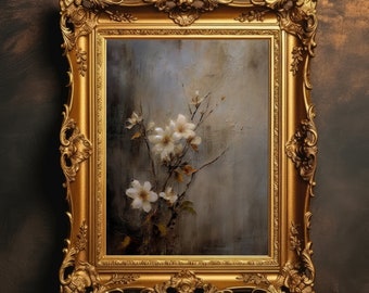 White Florals | Wildflowers Print, Moody Botanical Wall Art, Vintage Aesthetic, Antique Oil Painting, Light Academia, Digital Download