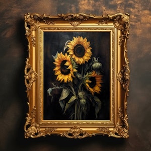 Gothic Sonnenblumen | Dark Academia, Antike Malerei, Vintage Kunst, Dunkle Wandkunst, Home Decor, Goth Cottagecore, Digital Download Print