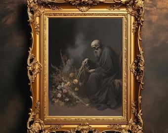 The Withering Reaper | Dark Academia Gothic Art, Moody Still Life Memento Mori Skeleton Painting Victorian Death Aesthetic, Digital Download