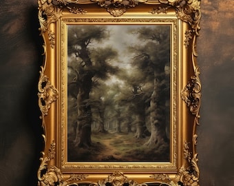 May include: A gold-framed picture with a painting of a woodland scene. The painting depicts a path through a dense wood with tall trees and a cloudy sky.