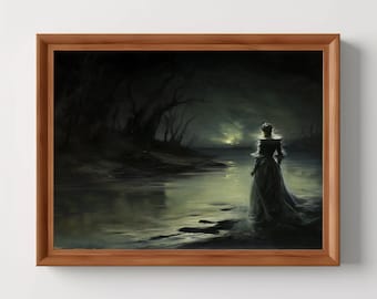Girl Staring Water Night | Dark Academia, Antique Painting, Vintage Art, Dark Wall Art, Home Room Decor, Goth Cottagecore, Digital Download
