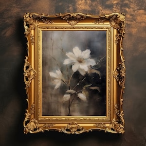 White Flowers | Cottagecore Prints, Botanical Decor, Floral Wall Art, Dark Academia, Moody Flower Painting, Plant Art, Digital Download