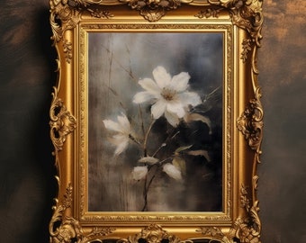 White Flowers | Cottagecore Prints, Botanical Decor, Floral Wall Art, Dark Academia, Moody Flower Painting, Plant Art, Digital Download