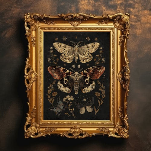 Rustic Botanical Moths | Dark Academia, Moody Floral Print, Dark Cottagecore, Gothic Flower Wall Art, Digital Download, Printable