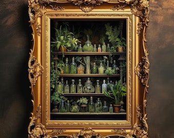 May include: A gold ornate frame surrounds a glass shelf filled with small glass bottles and jars containing various plants and greenery. The bottles and jars are arranged in rows on the shelf, creating a visually appealing display of botanical specimens.