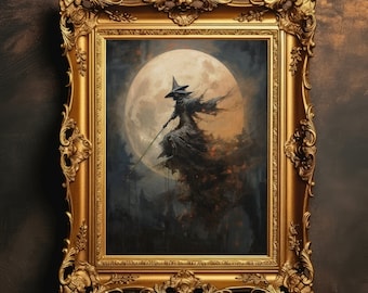 Flying Witch | Dark Academia, Halloween Artwork, Witchy Art Print, Goth Home Decor, Spooky Wall Art, Digital Download, PRINTABLE