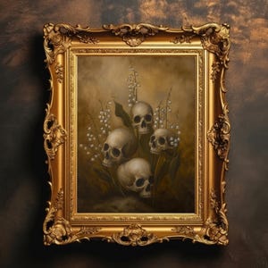 Skull Lilies Art Print | Dark Botanical Still Life, Gothic Oil Painting, Moody Floral Skull Wall Art, Digital Download PRINTABLE