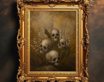 Skull Lilies Art Print | Dark Botanical Still Life, Gothic Oil Painting, Moody Floral Skull Wall Art, Digital Download PRINTABLE
