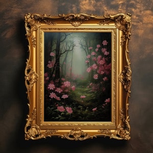 Pink Wildflower Forest | Dark Cottagecore, Dark Academia Art, Vintage Floral Painting, Botanical Prints, Digital Download, Printable