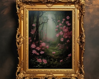 Pink Wildflower Forest | Dark Cottagecore, Dark Academia Art, Vintage Floral Painting, Botanical Prints, Digital Download, Printable