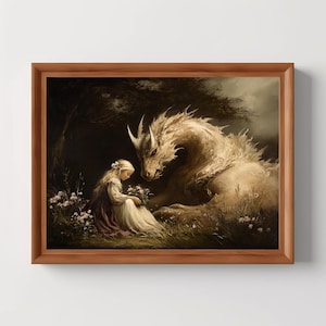 Pintura de niña y dragón / Arte imprimible de fantasía, decoración de pared de cuento de hadas oscuro, guardería gótica caprichosa, obra de arte digital descargable