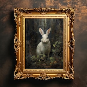 White Rabbit | Vintage Forest Landscape, Dark Academia, Wild Bunny Hare Painting, Moody Wall Art, Digital Download, PRINTABLE