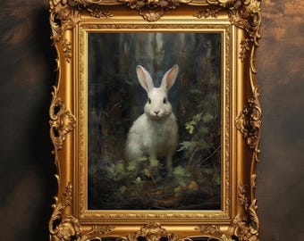 White Rabbit | Vintage Forest Landscape, Dark Academia, Wild Bunny Hare Painting, Moody Wall Art, Digital Download, PRINTABLE