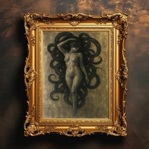 Lámina artística de Medusa / Dark Academia, dibujo al óleo vintage, estética gótica, arte melancólico, mujer de pelo largo, descarga digital