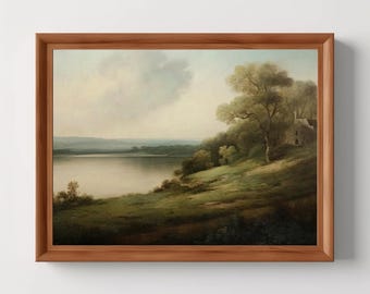 Lakeside House | Vintage Landscape Painting, Rural Countryside Print, Moody Wall Art, Serene Waterscape, Digital Download, PRINTABLE